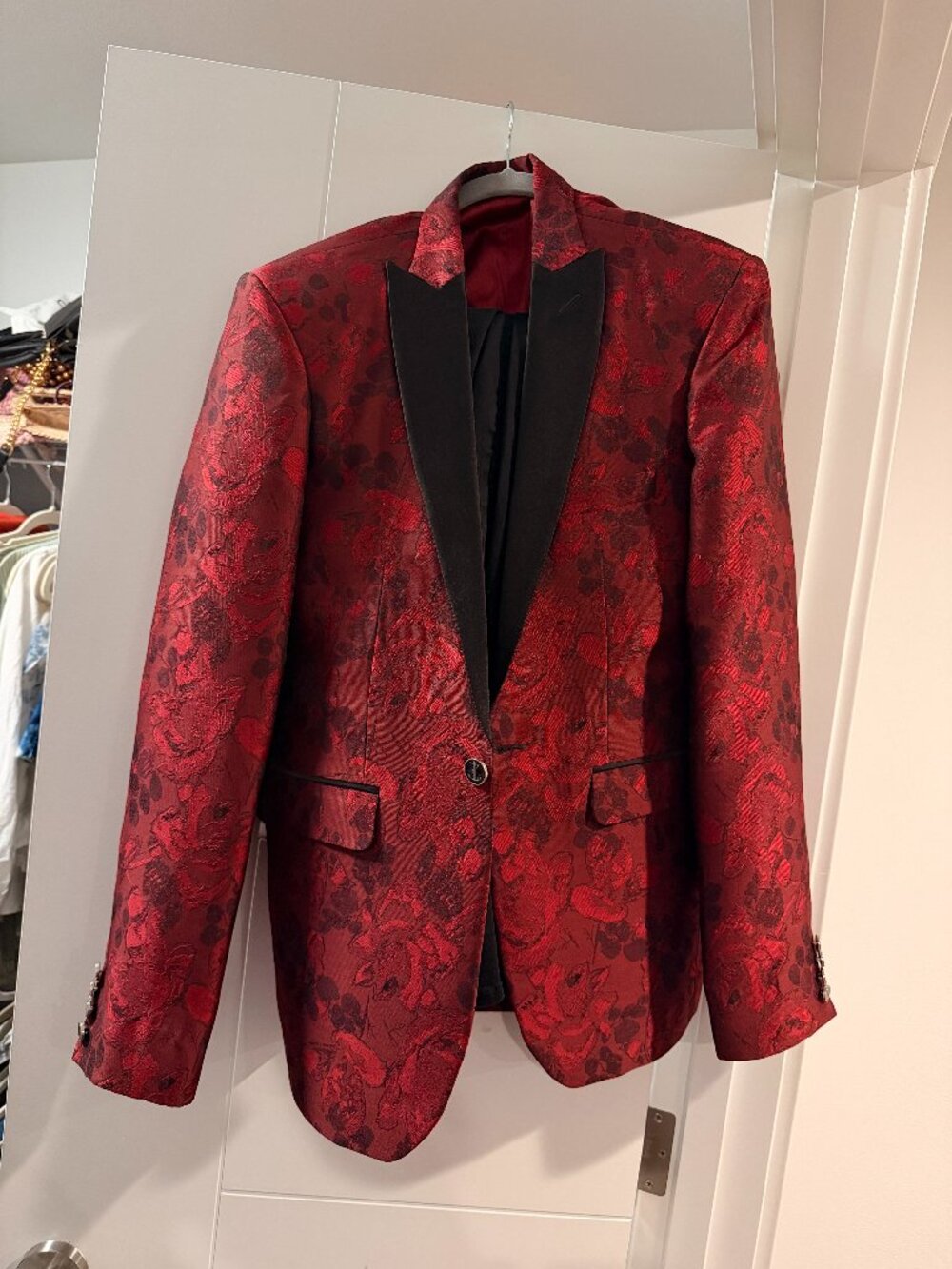 Crimson Floral Jacquard Tuxedo Blazer | West African Artisan Made | M